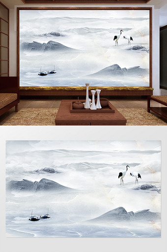 新中式意境水墨山水电视背景墙九州图片