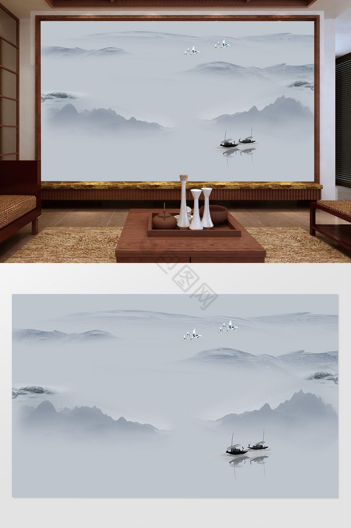 新中式意境水墨山水电视背景墙山图片