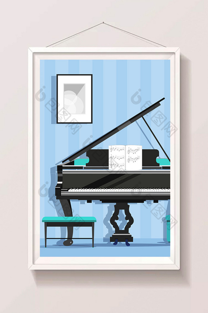 蓝色室内钢琴场景插画扁平背景素材