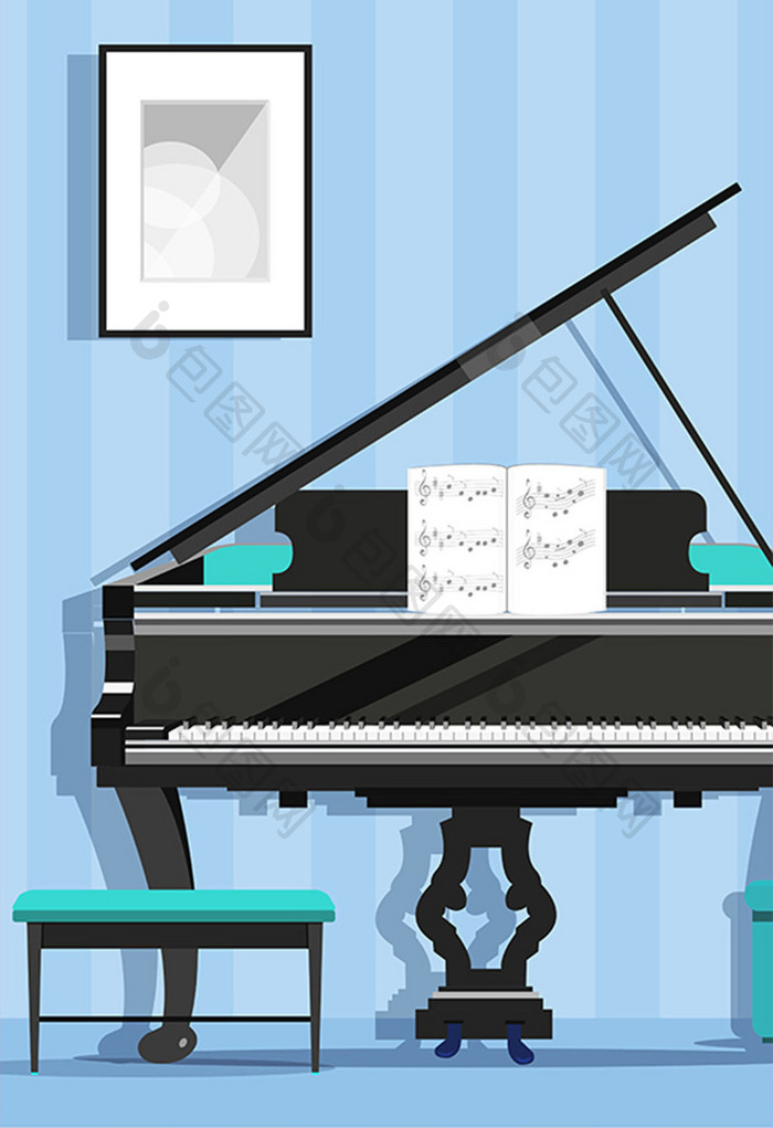蓝色室内钢琴场景插画扁平背景素材