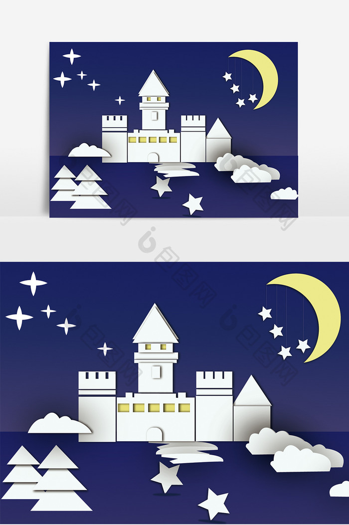 城堡夜景剪纸元素