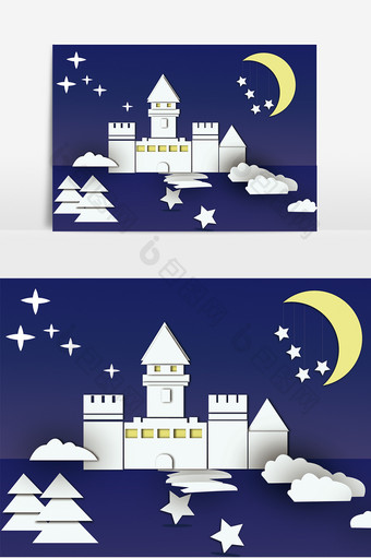 城堡夜景剪纸元素图片