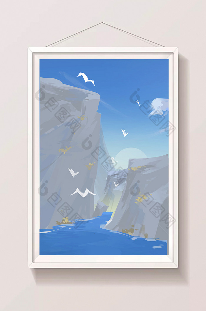 蓝色大海海岛海鸥风景插画