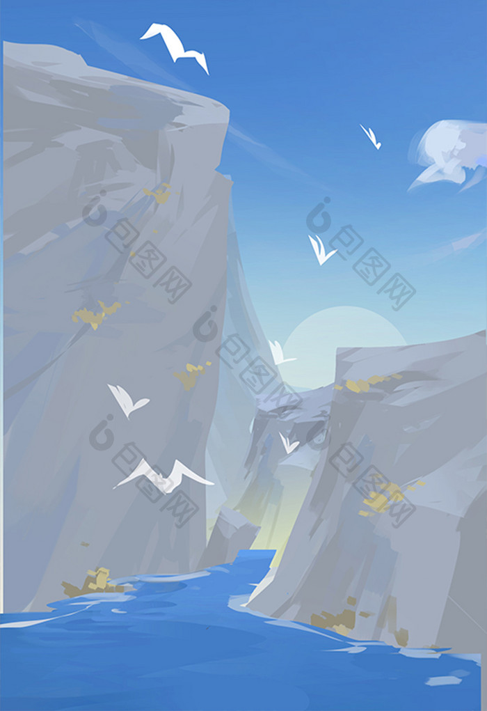 蓝色大海海岛海鸥风景插画