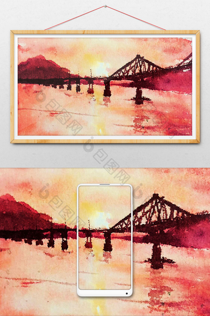 暖色夕阳下大桥水彩手绘插画背景素材