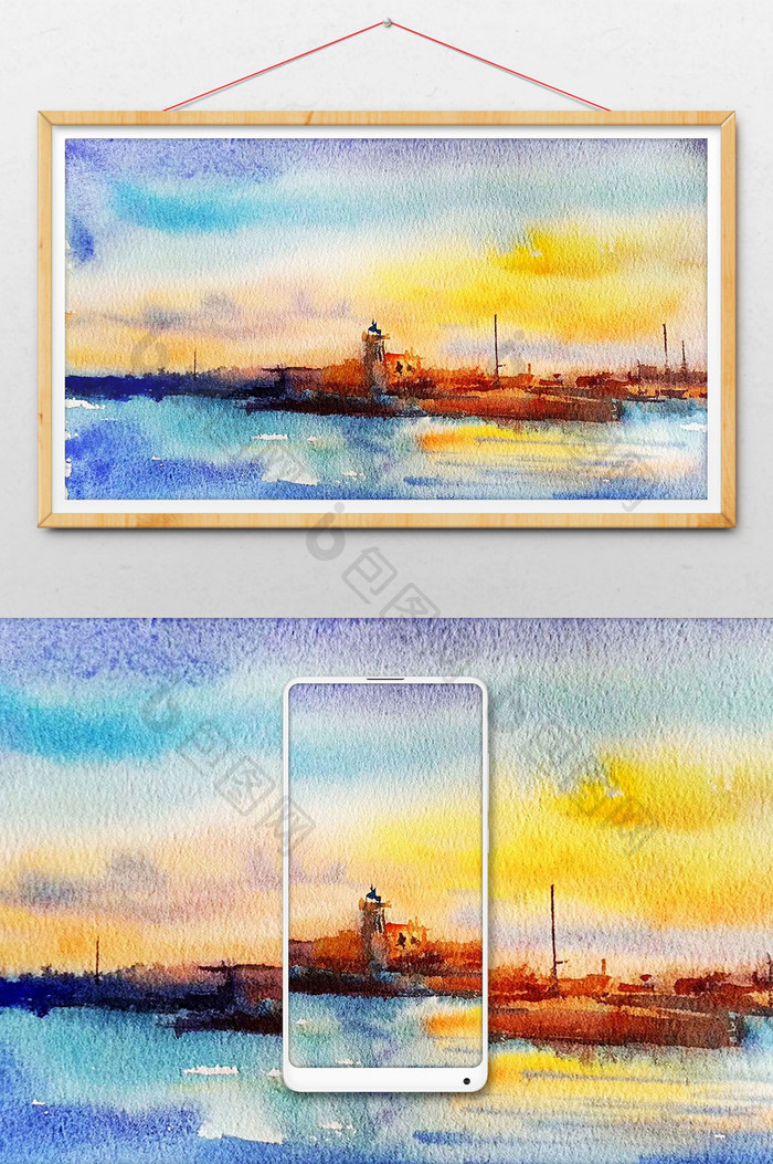 暖色夕阳下海边水彩手绘插画背景素材