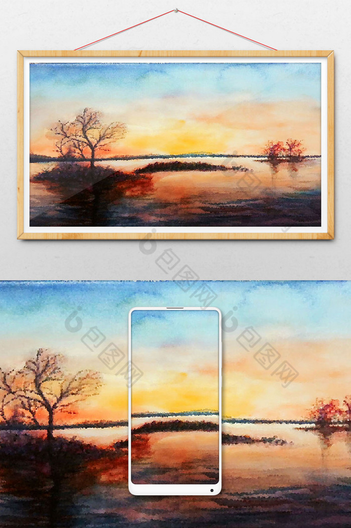 暖色夕阳下山水插画图片图片