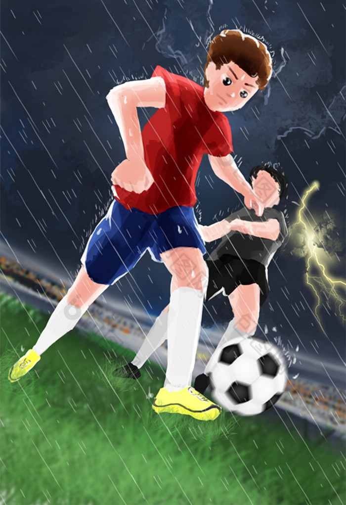 彩色雷雨天气雨夜球赛拼抢插画图片
