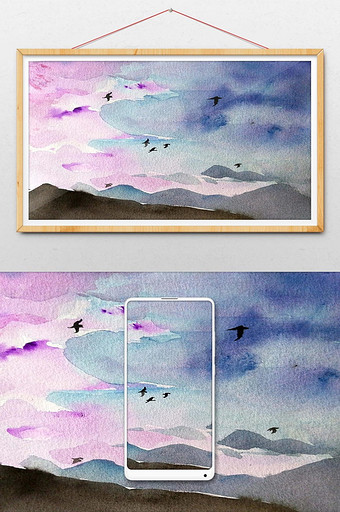 冷色调天空蓝色紫色云彩海鸥小鸟插画背景图片