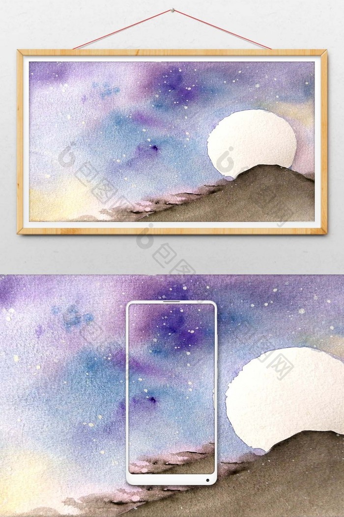 冷色调水彩手绘月亮星空之夜插画素材 图片下载 包图网