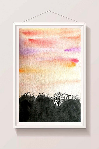 暖色调森林日出日落背景手绘水彩素材图片