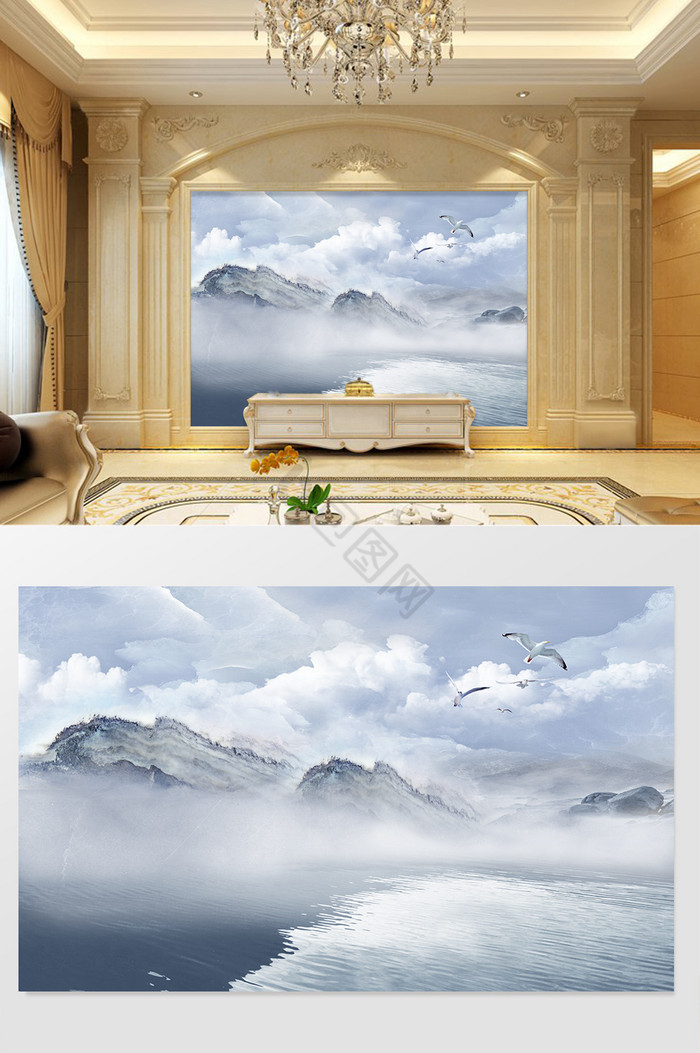 高清3D大理石纹山水花日出背景墙高山之美图片
