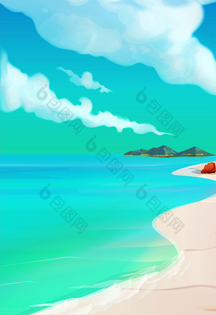 蓝色调海边插画背景卡通背景素材