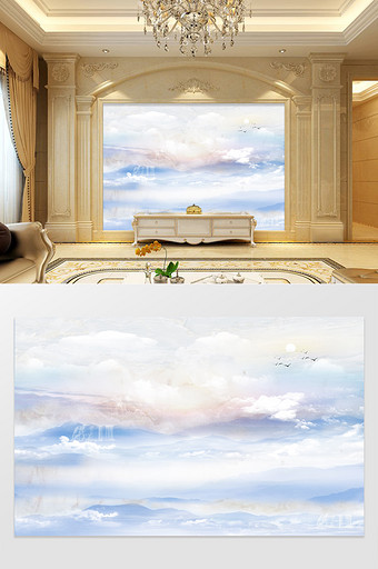 高清3D大理石山水日出背景墙天空图片