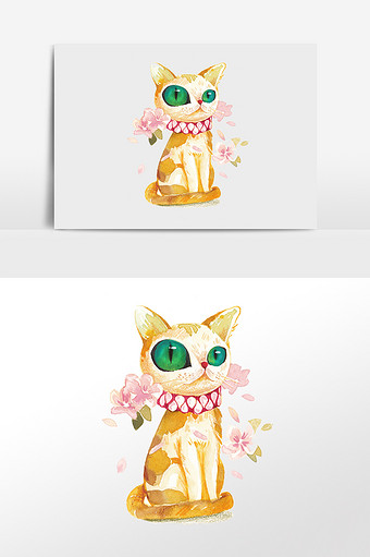 绿宝石眼睛橘色花猫樱花插画元素图片