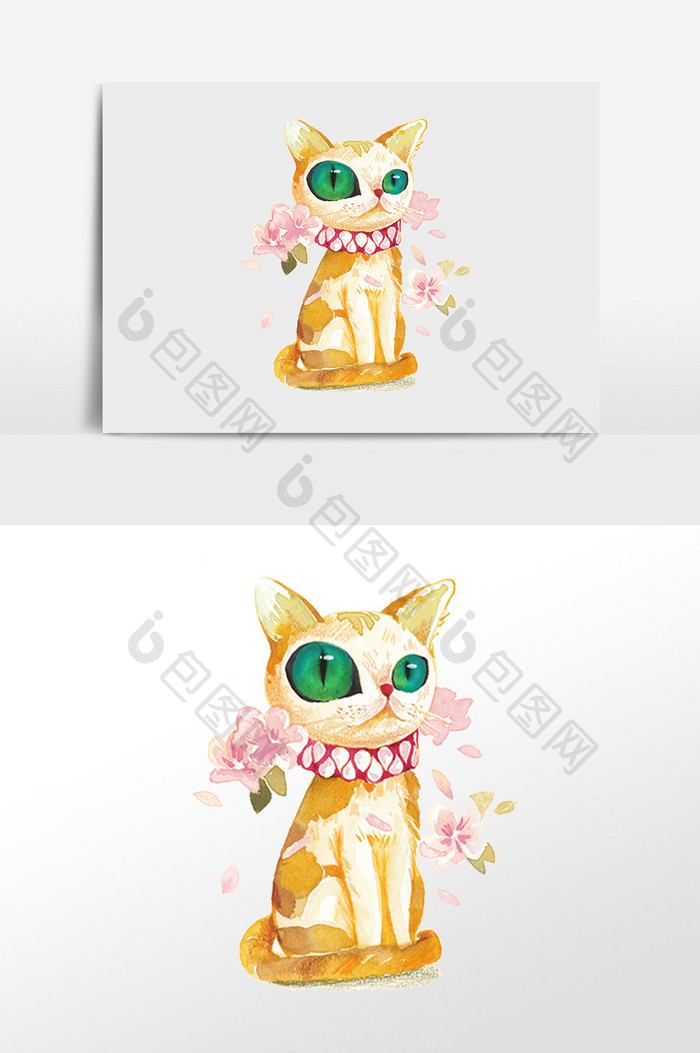 绿宝石眼睛橘色花猫樱花插画元素