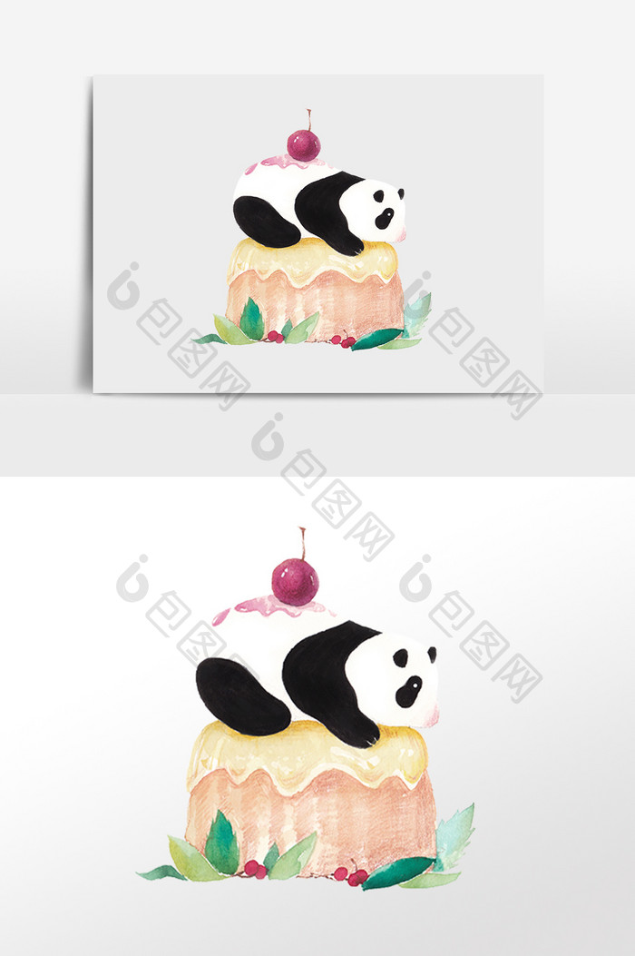 水彩彩铅可爱卡通熊猫甜品插画元素