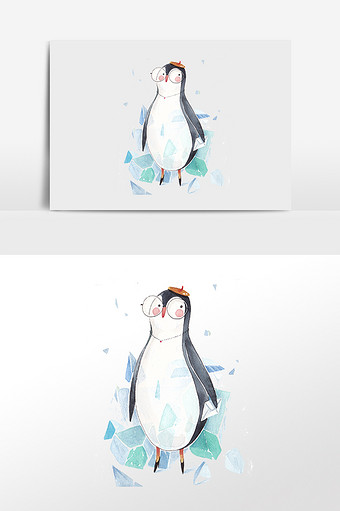 灰冰块画家帽眼镜企鹅女士插画图片