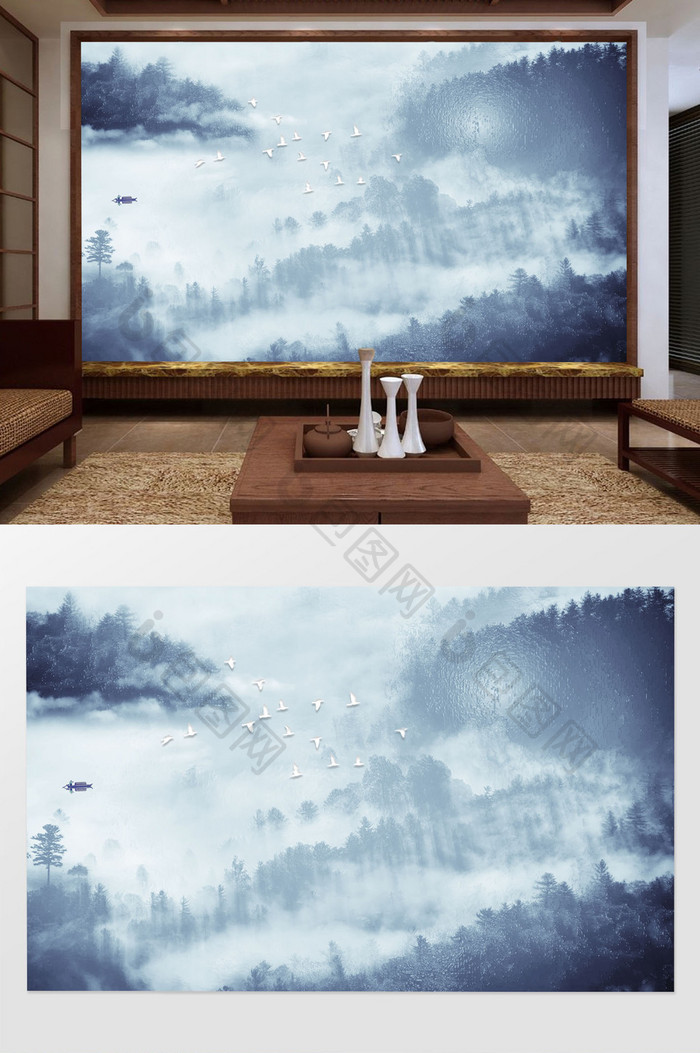 新中式水墨山水风景客厅电视背景墙定制