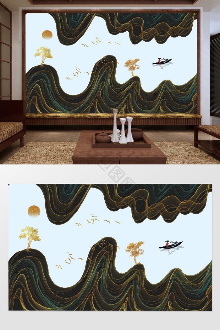 新中式抽象山水质感电视背景墙图片