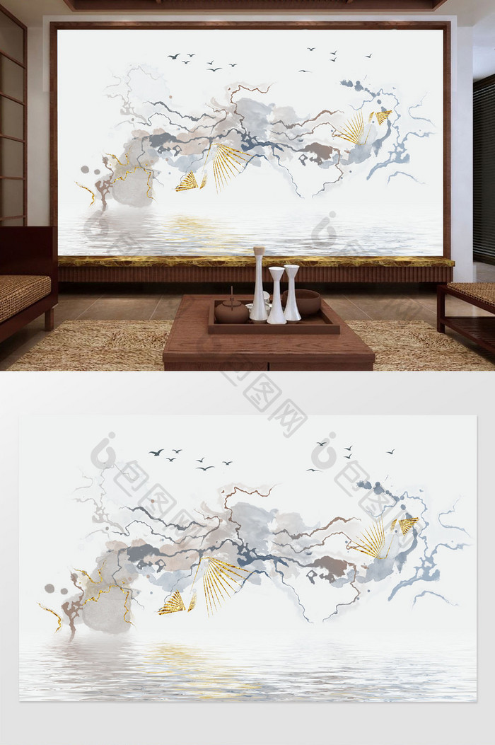 新中式水墨抽象涂鸦电视背景墙