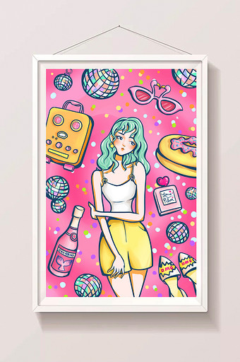 鲜亮撞色复古pop风手绘少女卡通漫画海报图片下载