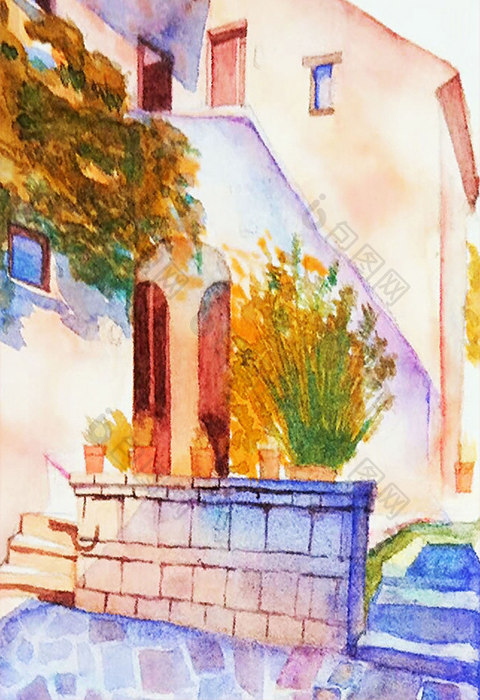 暖色调街景水彩手绘插画背景素材