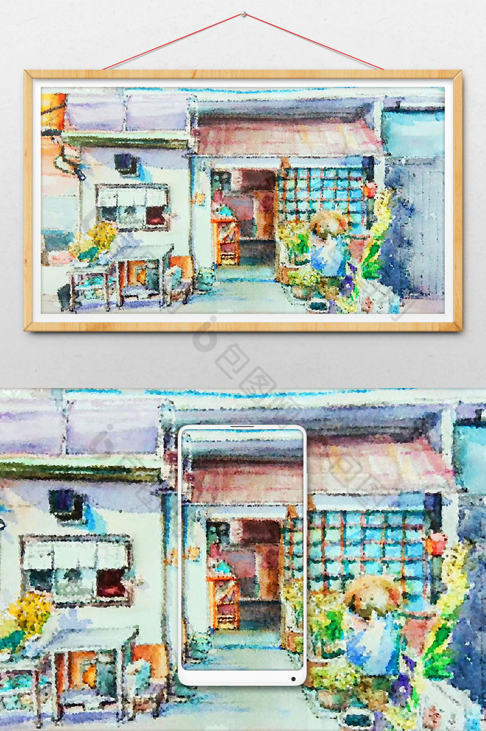 暖色调杂货店手绘水彩插画背景素材