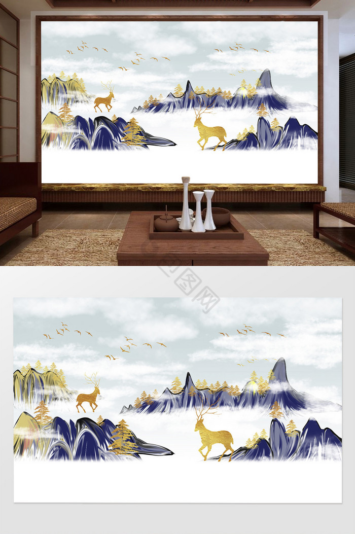 中式抽象山水电视背景墙图片