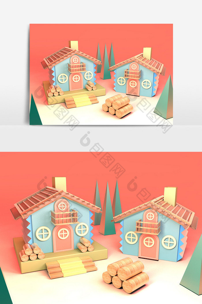 C4D原创小清新卡通装饰小房子设计元素