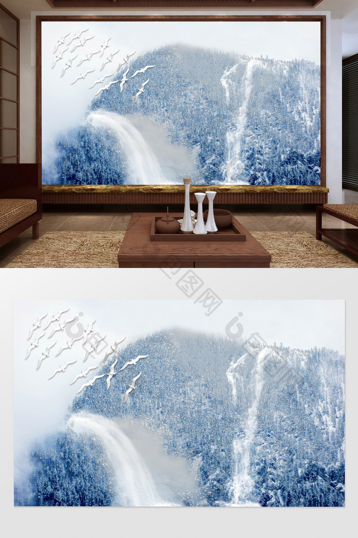 新中式浮雕山水飞鸟电视背景墙