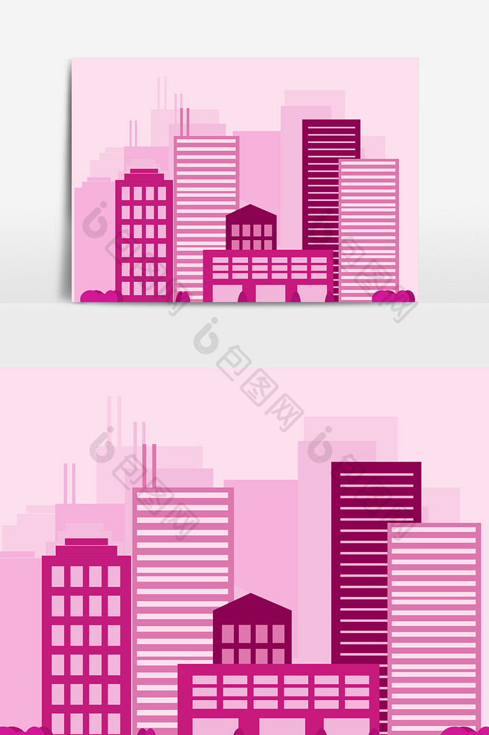 粉红色剪影类线描建筑群设计元素