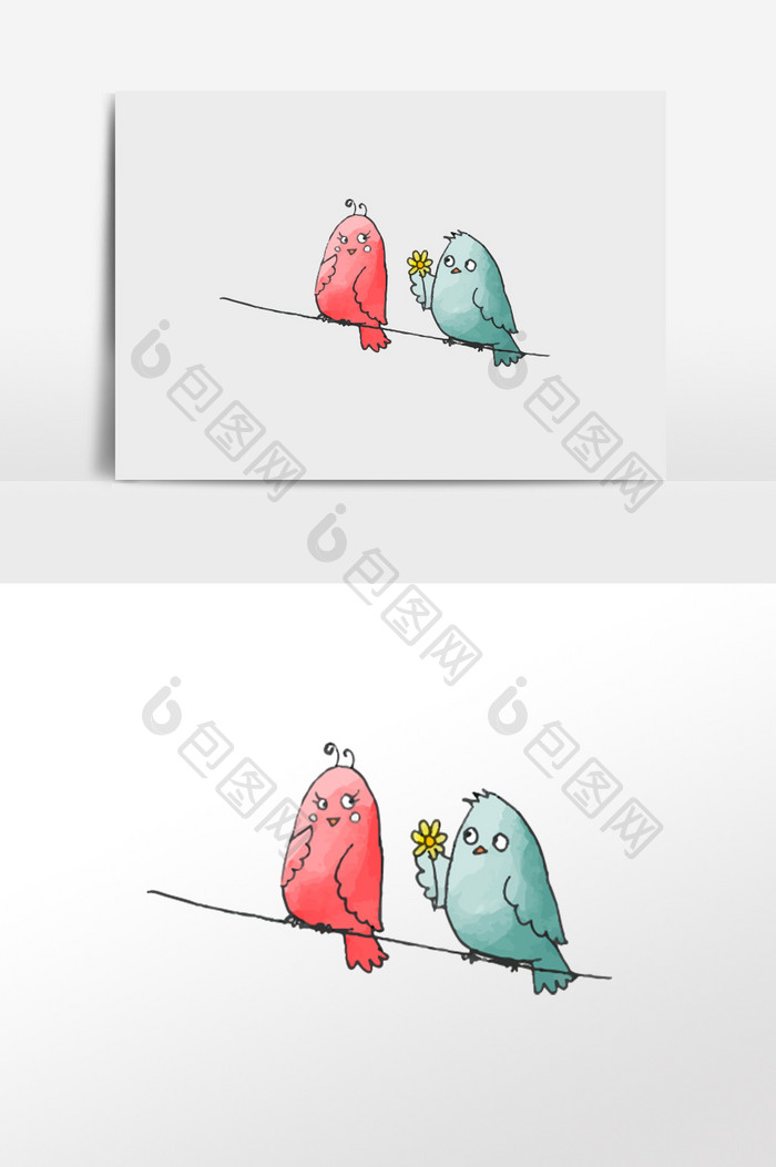 卡通水彩情侣鸟插画元素