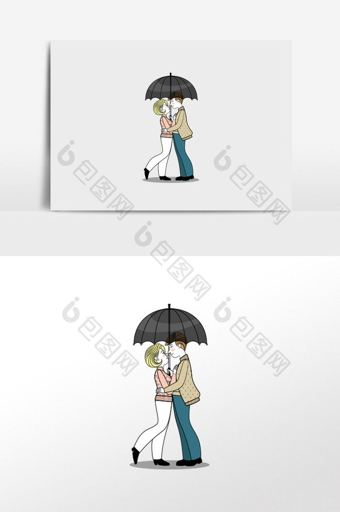 清新可爱打伞情侣插画元素