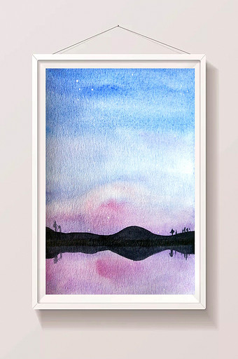 蓝色夏日素材手绘背景风景湖面清新水彩图片