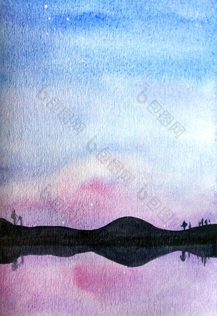 蓝色夏日素材手绘背景风景湖面清新水彩