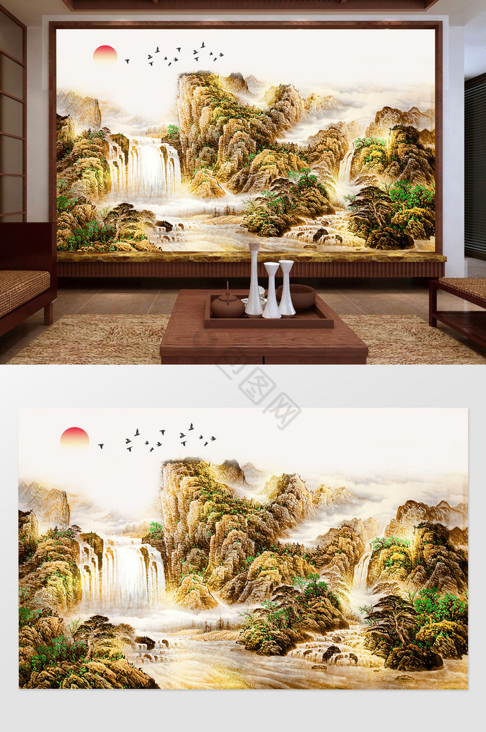 新中式水墨金山飞鸟背景墙图片