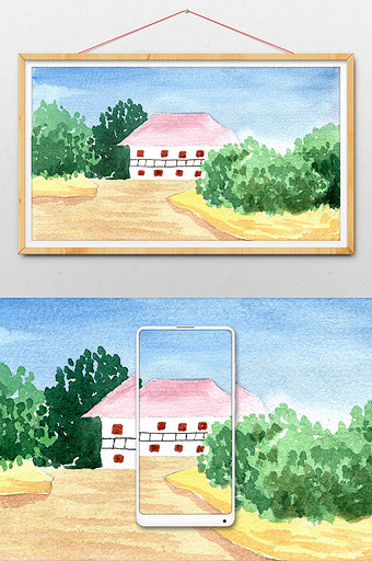 蓝色夏日素材手绘小楼背景风景清新水彩图片