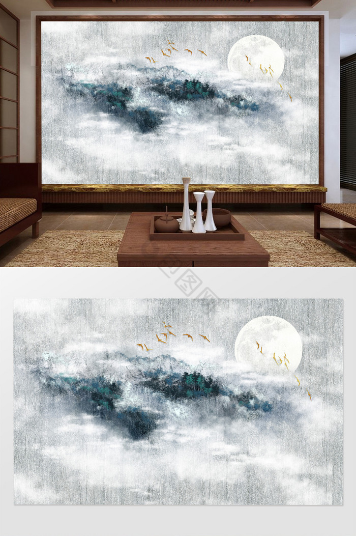 中式水墨意境山水电视背景墙设计图片