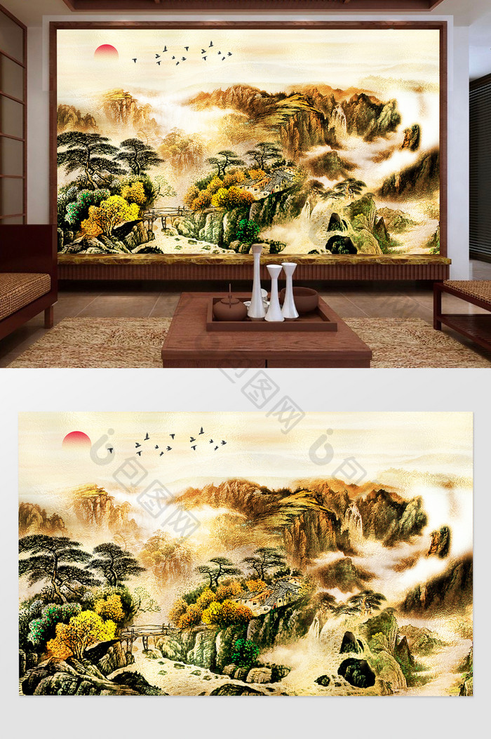 新中式山水风景金色意境背景墙