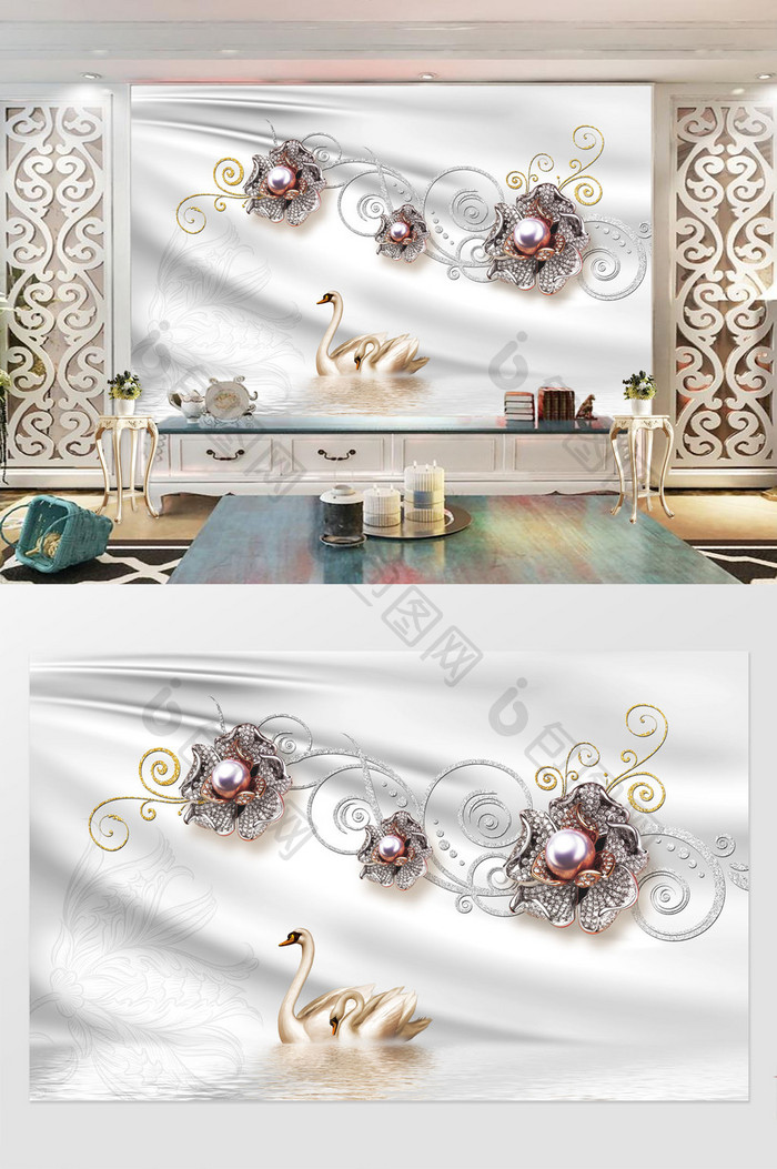 时尚奢华珍珠珠宝花朵电视背景墙