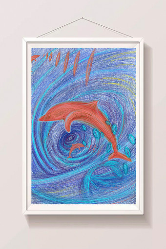 蓝色搭配海豚橙红色线圈画风清新唯美插画图片