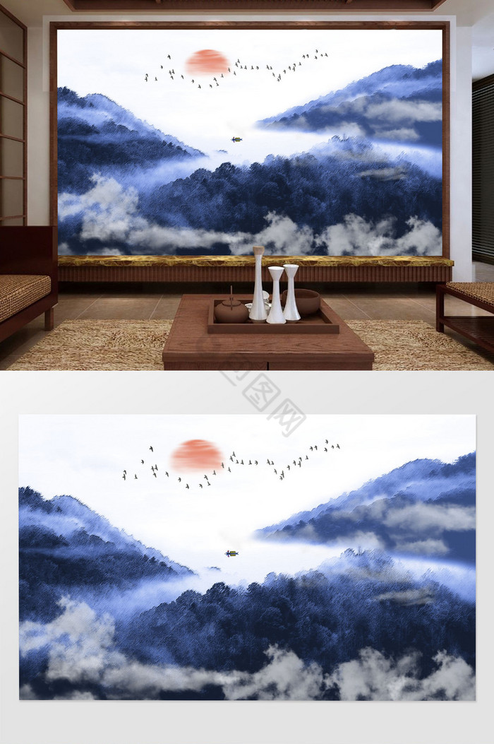 中式水墨风意境水墨山水电视背景墙定制图片