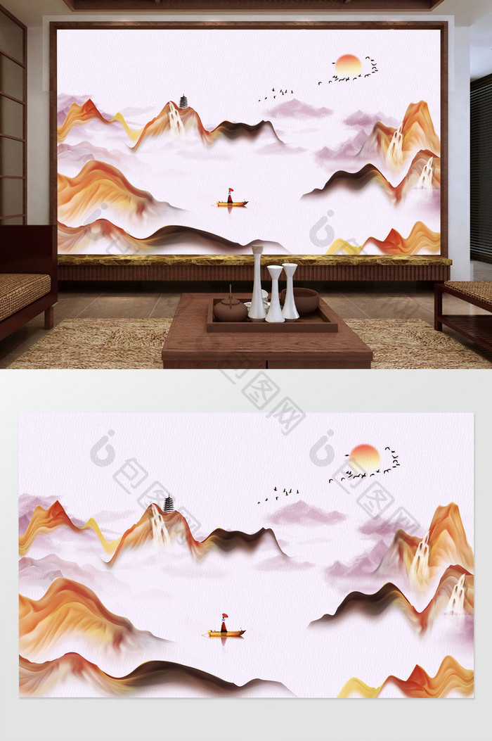 新中式意境抽象水墨山水电视背景墙定制