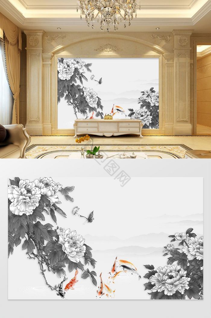 灰色系牡丹花中式背景墙图片