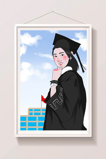 蓝色毕业季校园学士服美女插画图片