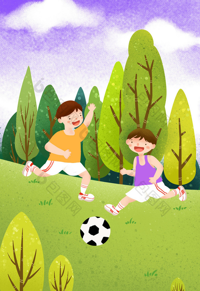 夏天绿色清新儿童户外踢足球插画