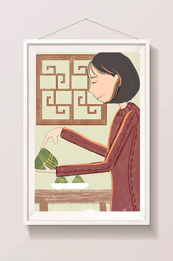 红黄端午节吃粽子插画图片