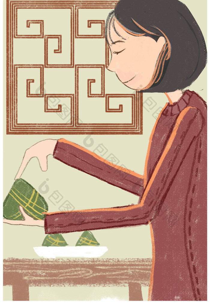 红黄端午节吃粽子插画