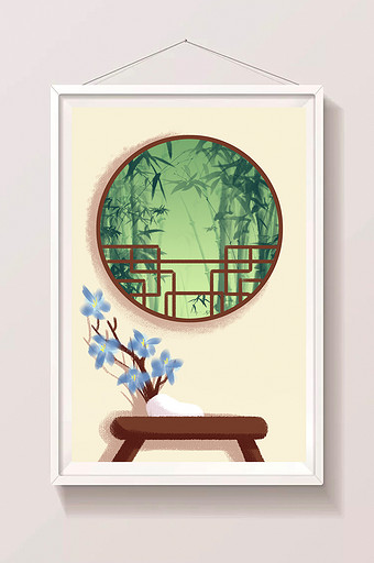 唯美中国风窗户竹林背景插画图片